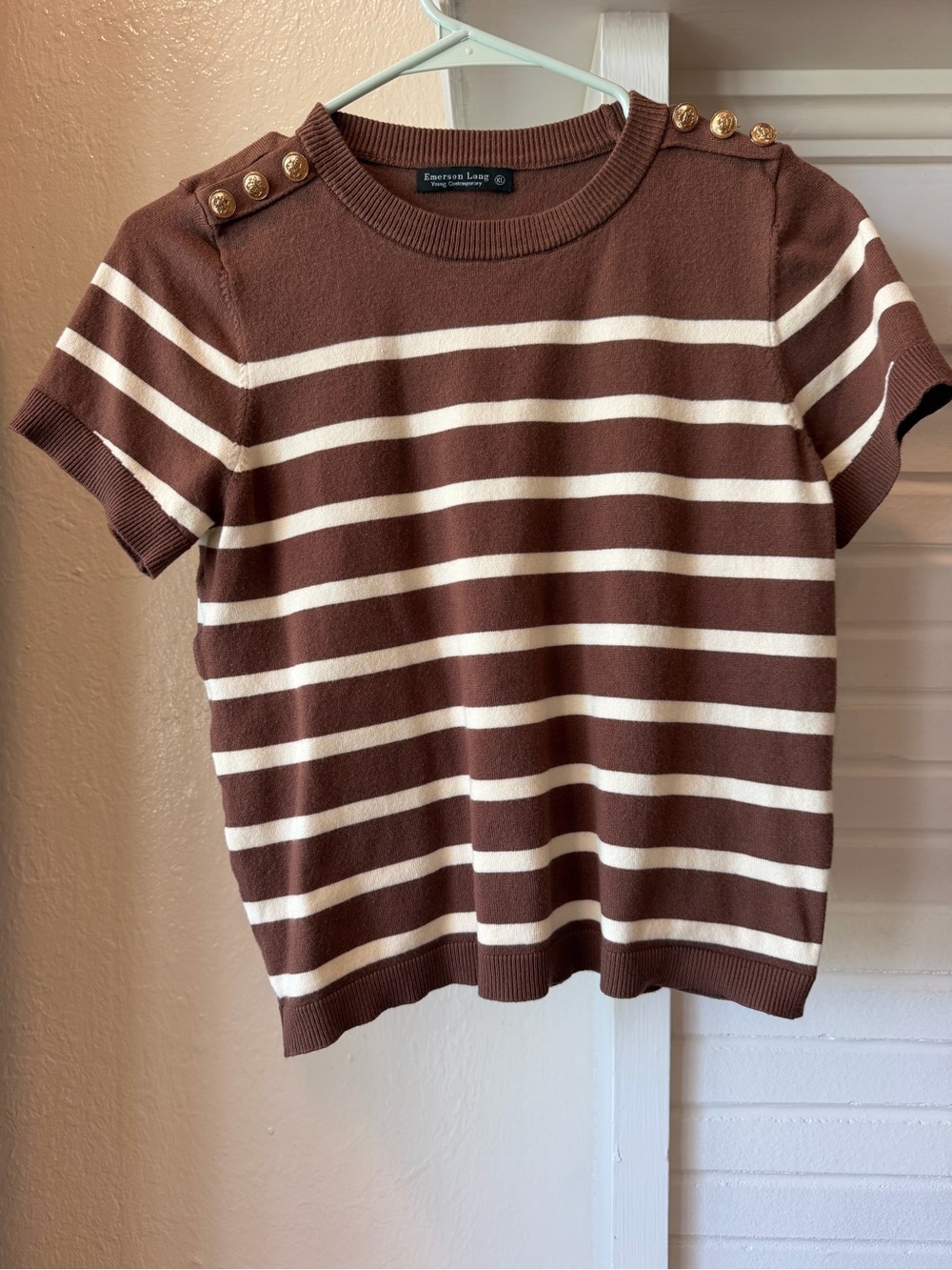 Emerson Lang Brown Cream Striped Knit Short Sleeve Sweater Top XL Gold Buttons